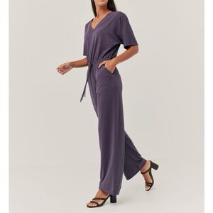 Pact Revive Deep V Neckline Jumpsuit Currant Purple Organic Cotton Size Small